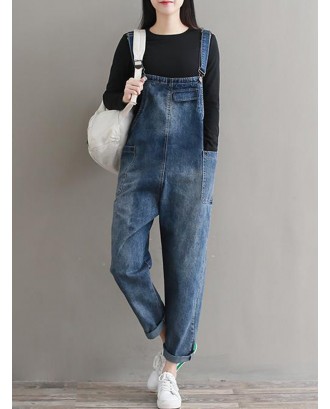 Casual Solid Strap Pockets Denim Jumpsuits For Women