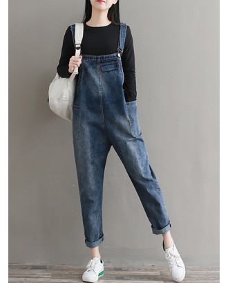 Casual Solid Strap Pockets Denim Jumpsuits For Women