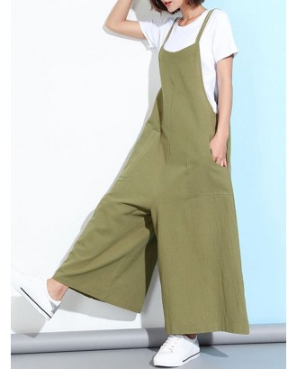 Casual Sleeveless Straps Pockets Solid Color Wide Leg Jumpsuits