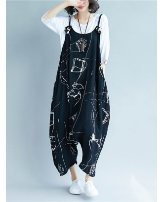 Print Straps Casual Loose Jumpsuit for Women