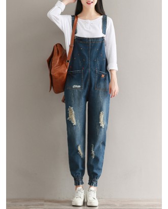 Embroidery Ripped Loose Denim Ankle Banded Jumpsuits