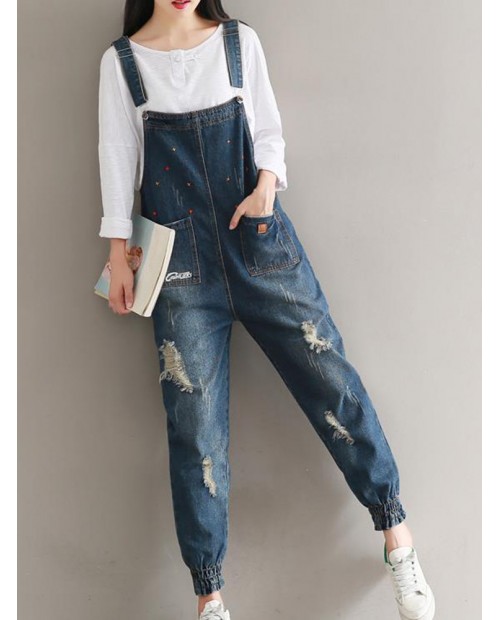 Embroidery Ripped Loose Denim Ankle Banded Jumpsuits