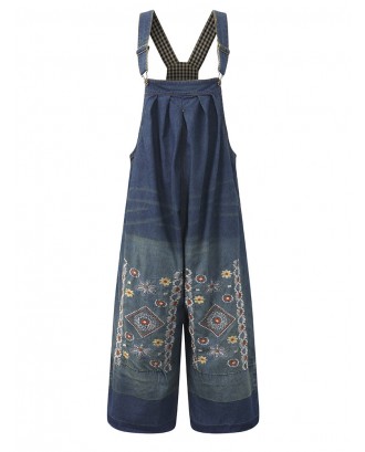 Loose Women Embroidery Strap Pockets Denim Jumpsuits