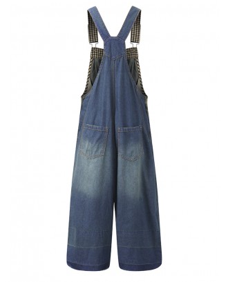Loose Women Embroidery Strap Pockets Denim Jumpsuits