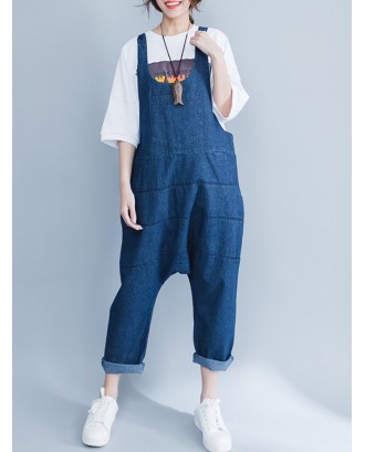 Casual Loose Pure Color Strap Pocket Jumpsuit Trousers Overalls