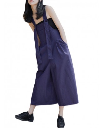 Casual Solid Color Straps Loose Jumpsuit with Pockets