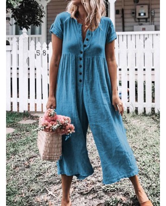 Casual Solid Color Button V-neck Jumpsuit for Women