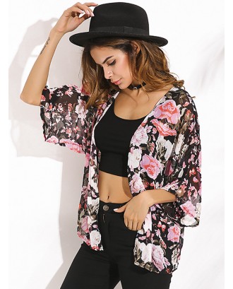 Loose Floral Batwing Short Sleeves Chiffon Cardigans For Women