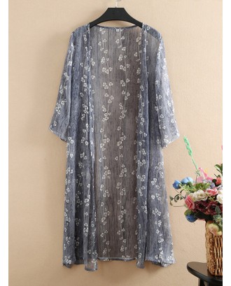 Casual Chiffon Floral Print 3/4 Sleeve Beach Plus Size Kimono