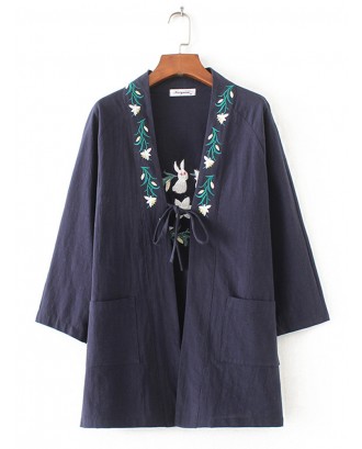 Casual Embroidery Long Sleeve Pockets Kimono For Women