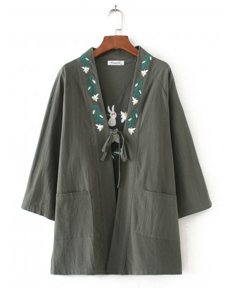Casual Embroidery Long Sleeve Pockets Kimono For Women