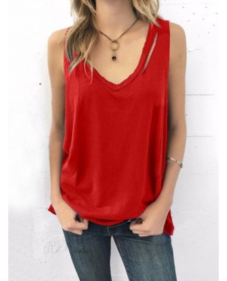 Solid Color Distressed V-neck Plus Size Tank Top
