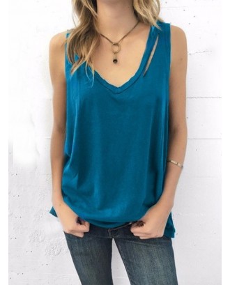 Solid Color Distressed V-neck Plus Size Tank Top