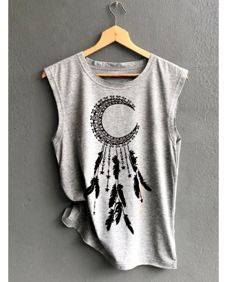 Casual Feather Print Sleeveless Summer Tank Top