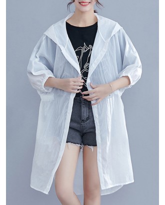 Casual Solid Color 3/4 Sleeve Hooded Kimono for Women