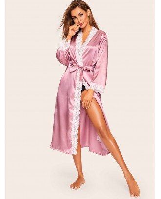 Floral Lace Trim Satin Belted Robe