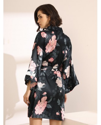 Floral Satin Robe With Belt