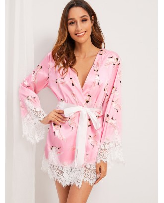 Crane Print Floral Lace Satin Belted Robe