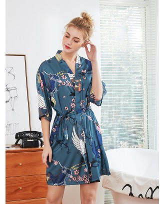 Graphic Print Satin Belted Robe