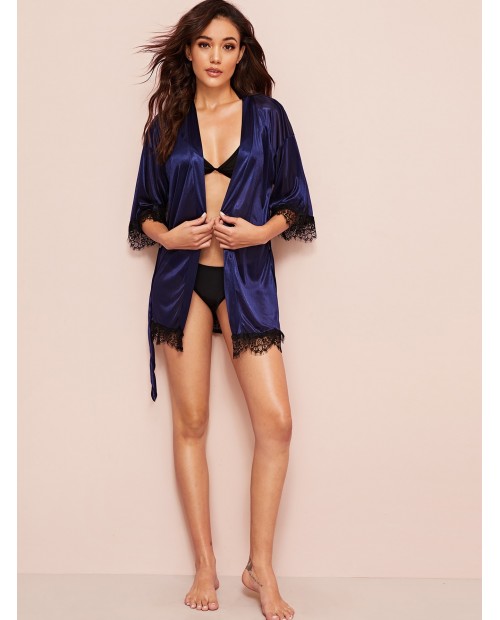 Contrast Lace Belted Satin Robe