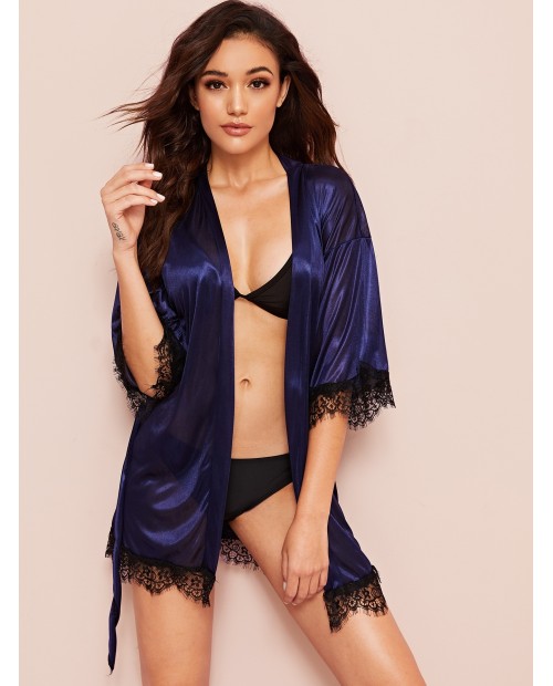 Contrast Lace Belted Satin Robe