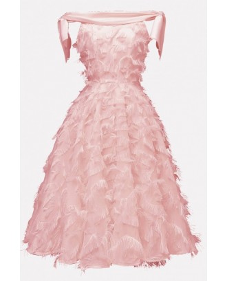 Pink Fringe Off Shoulder Beautiful A Line Dress