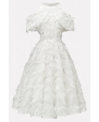 White Fringe Cold Shoulder Beautiful A Line Dress