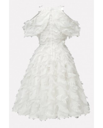 White Fringe Cold Shoulder Beautiful A Line Dress