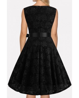 Black V Neck Sleeveless Vintage A Line Lace Dress