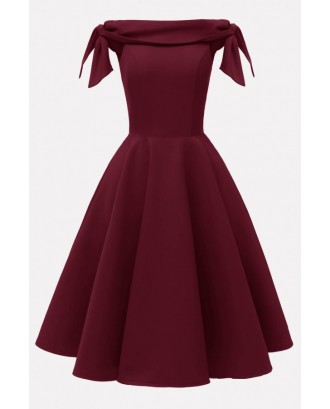 Dark-red Off Shoulder Zipper Back Beautiful A Line Dress