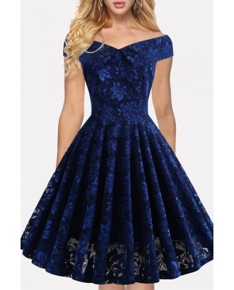 Dark-blue Off Shoulder Vintage A Line Lace Dress
