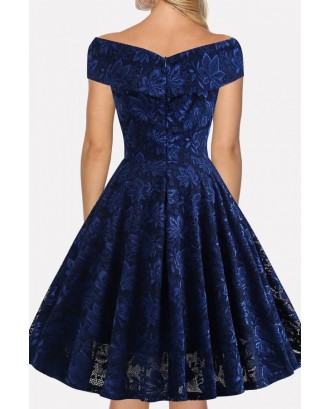 Dark-blue Off Shoulder Vintage A Line Lace Dress