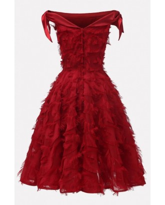 Dark-red Fringe Off Shoulder Beautiful A Line Dress