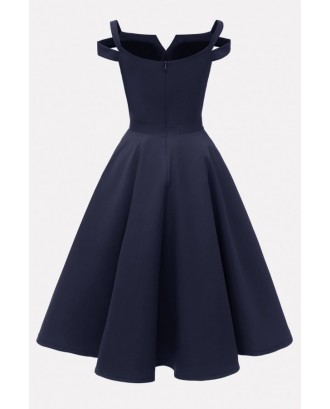 Dark-blue Cold Shoulder Zipper Back Beautiful A Line Dress