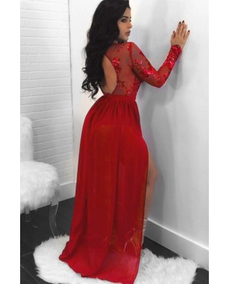 Red Sparkle Sequined Mesh Open Back Slit Long Sleeve Beautiful Maxi Party Dress