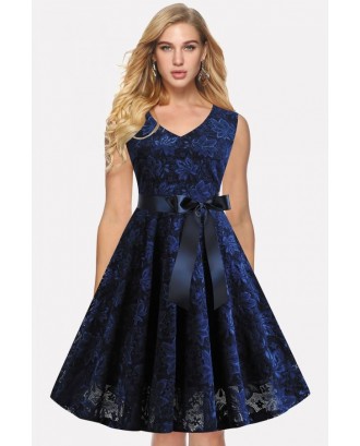 Dark-blue V Neck Sleeveless Vintage A Line Lace Dress