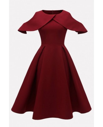 Dark-red Cold Shoulder Zipper Back Chic A Line Dress