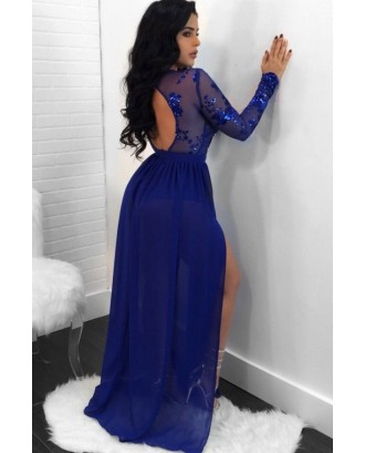 Dark Blue Sparkle Sequined Mesh Open Back Slit Long Sleeve Beautiful Maxi Party Dress