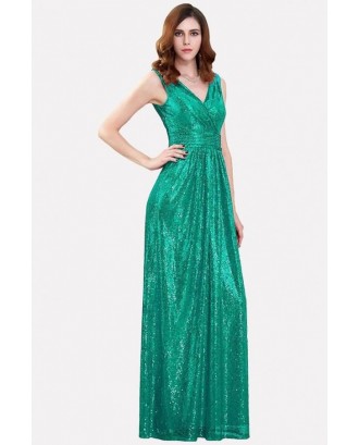 Green Sequin V Neck Sleeveless Beautiful Maxi Dress
