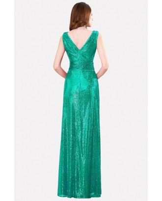 Green Sequin V Neck Sleeveless Beautiful Maxi Dress
