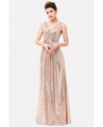 Rose-gold Sequin V Neck Sleeveless Beautiful Maxi Dress