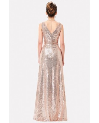 Rose-gold Sequin V Neck Sleeveless Beautiful Maxi Dress