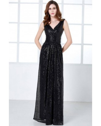 Black Sequin V Neck Sleeveless Beautiful Maxi Dress