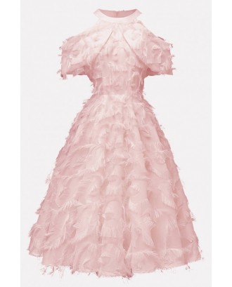 Pink Fringe Cold Shoulder Beautiful A Line Dress