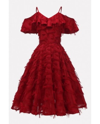 Dark-red Fringe Spaghetti Straps V Neck Beautiful A Line Dress
