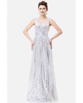 Silver Sequin V Neck Sleeveless Beautiful Maxi Dress