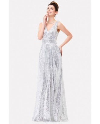 Silver Sequin V Neck Sleeveless Beautiful Maxi Dress