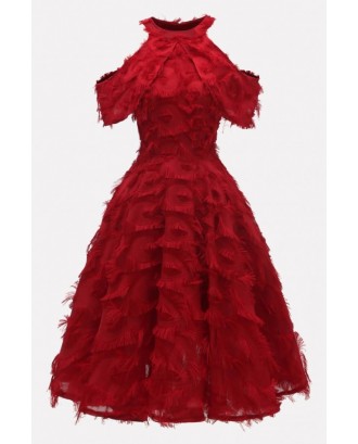 Dark-red Fringe Cold Shoulder Beautiful A Line Dress