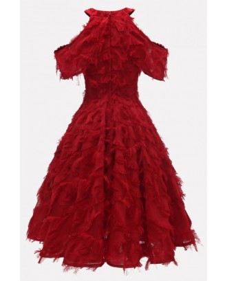 Dark-red Fringe Cold Shoulder Beautiful A Line Dress