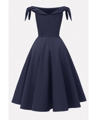 Dark-blue Off Shoulder Zipper Back Beautiful A Line Dress